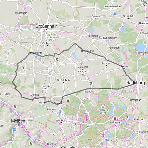 Map miniature of "Steinberg Road Cycling Loop" cycling inspiration in Dresden, Germany. Generated by Tarmacs.app cycling route planner