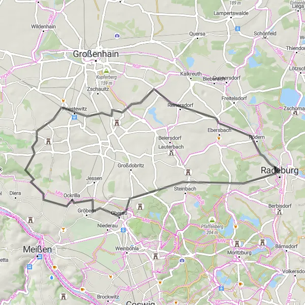 Karten-Miniaturansicht der Radinspiration "Rundtour um Radeburg" in Dresden, Germany. Erstellt vom Tarmacs.app-Routenplaner für Radtouren