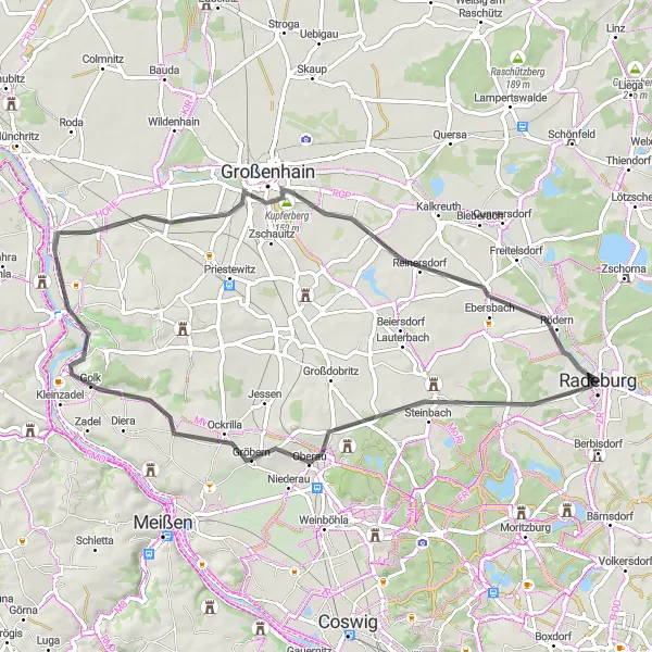 Map miniature of "Großenhain Road Cycling Adventure" cycling inspiration in Dresden, Germany. Generated by Tarmacs.app cycling route planner