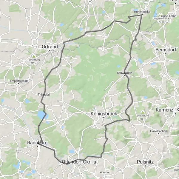 Map miniature of "Radeburg and the Buck'sche Schweiz" cycling inspiration in Dresden, Germany. Generated by Tarmacs.app cycling route planner