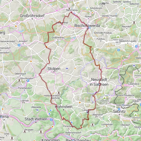 Map miniature of "Rammenau to Rennersdorf-Neudörfel Gravel Route" cycling inspiration in Dresden, Germany. Generated by Tarmacs.app cycling route planner