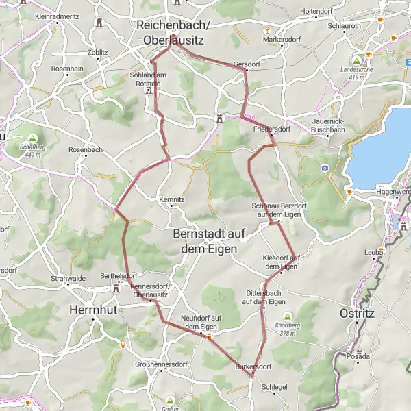 Map miniature of "Gravel Challenge to Sohland am Rotstein" cycling inspiration in Dresden, Germany. Generated by Tarmacs.app cycling route planner