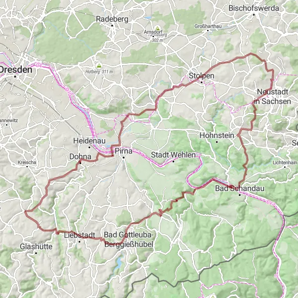Map miniature of "Gravel Adventure near Reinhardtsgrimma" cycling inspiration in Dresden, Germany. Generated by Tarmacs.app cycling route planner
