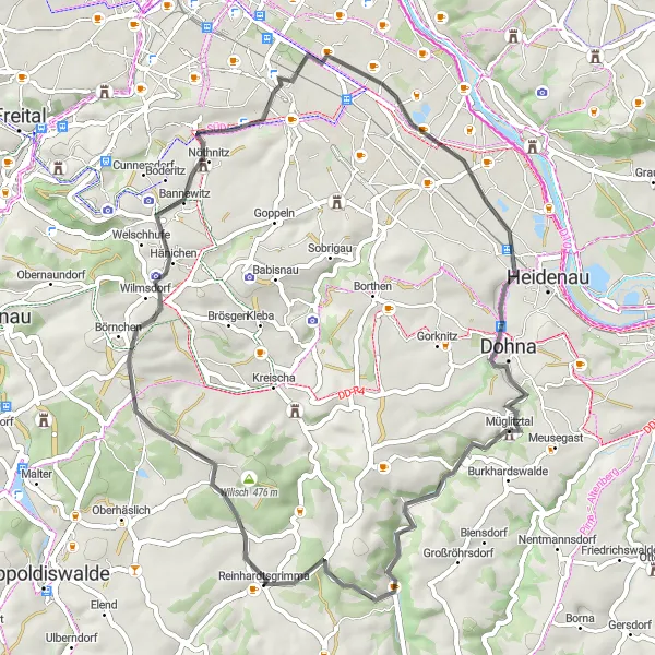 Map miniature of "Exploring the Countryside on Road Near Reinhardtsgrimma" cycling inspiration in Dresden, Germany. Generated by Tarmacs.app cycling route planner