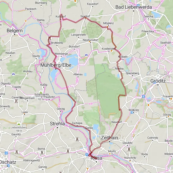 Karten-Miniaturansicht der Radinspiration "Gravel-Route durch Oppitzsch und Zeithain" in Dresden, Germany. Erstellt vom Tarmacs.app-Routenplaner für Radtouren