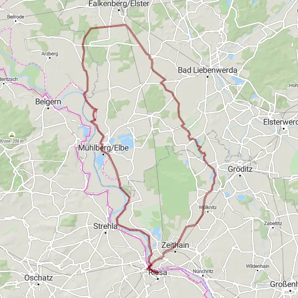 Karten-Miniaturansicht der Radinspiration "Gravelabenteuer um Riesa" in Dresden, Germany. Erstellt vom Tarmacs.app-Routenplaner für Radtouren