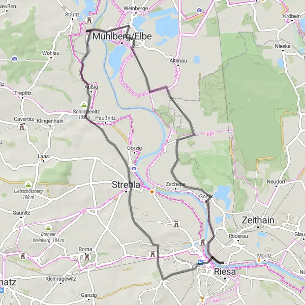 Karten-Miniaturansicht der Radinspiration "Kurze Tour um Riesa" in Dresden, Germany. Erstellt vom Tarmacs.app-Routenplaner für Radtouren