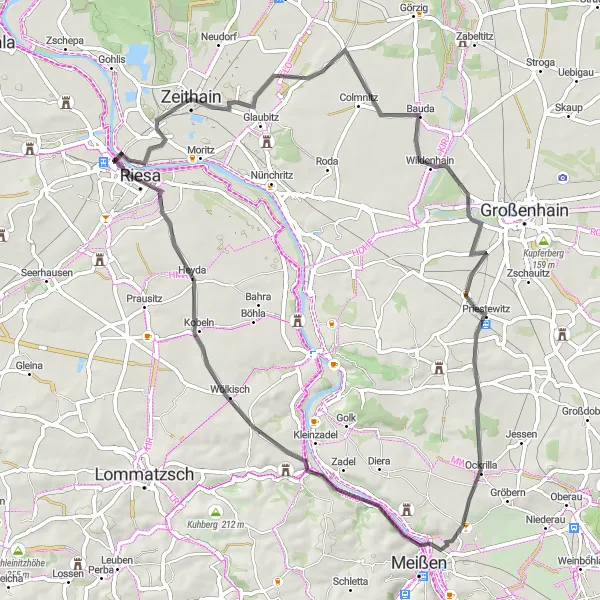 Map miniature of "The Challenge of the Hills" cycling inspiration in Dresden, Germany. Generated by Tarmacs.app cycling route planner