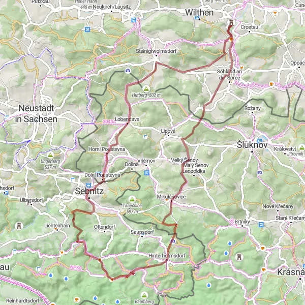 Map miniature of "The Gravel Adventure: Explore the Rugged Landscape of Schirgiswalde" cycling inspiration in Dresden, Germany. Generated by Tarmacs.app cycling route planner