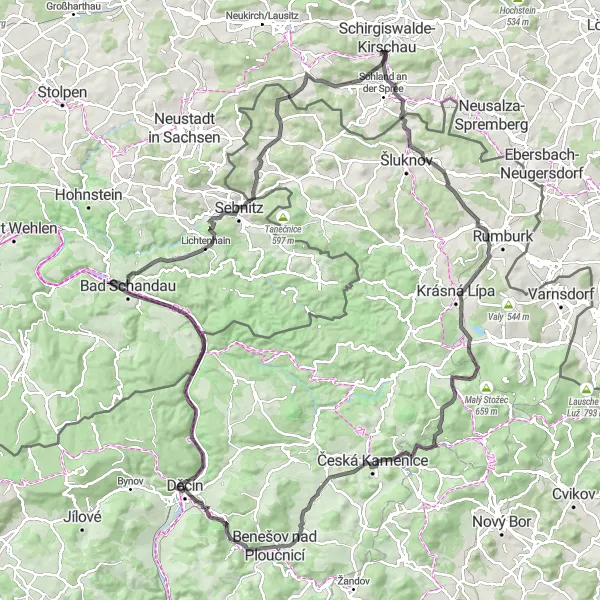 Map miniature of "Road Cycling Glory: Conquer the Hills of Schirgiswalde" cycling inspiration in Dresden, Germany. Generated by Tarmacs.app cycling route planner