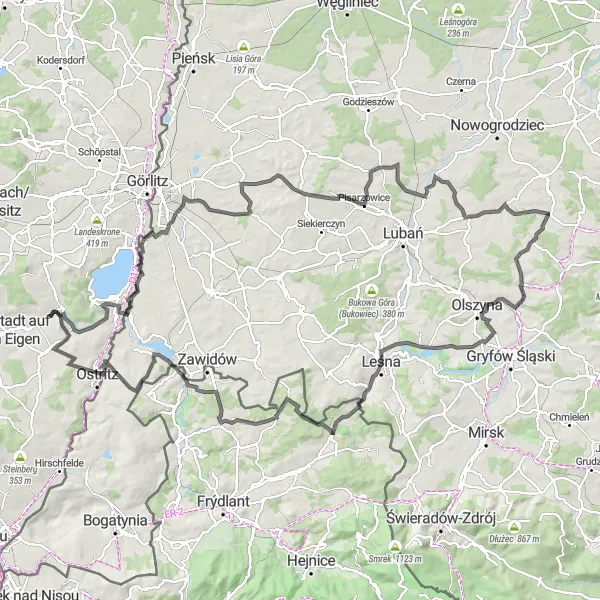 Map miniature of "Exploring the Beauty of the Lusatian Mountains: From Historic Towns to Breathtaking Views" cycling inspiration in Dresden, Germany. Generated by Tarmacs.app cycling route planner