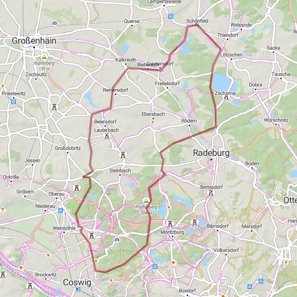 Map miniature of "Schönfeld Gravel Adventure" cycling inspiration in Dresden, Germany. Generated by Tarmacs.app cycling route planner