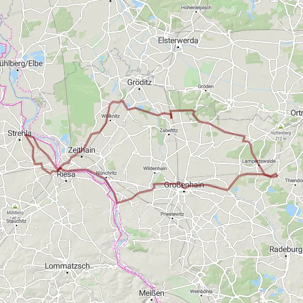 Map miniature of "Schönfeld-Bergfried-Großenhain-Riesa-Reußener Berge-Zeithain-Koselitz circular route" cycling inspiration in Dresden, Germany. Generated by Tarmacs.app cycling route planner
