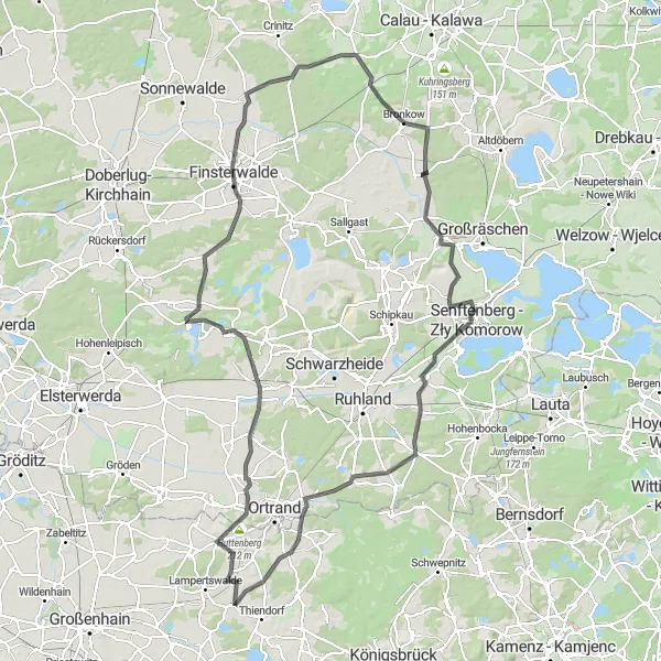 Map miniature of "Schönfeld-Kutschenberg-Lindenau-Grünewalde-Tschischerasche Berge-Finsterwalde-Bronkow-Senftenberg - Zły Komorow-Hermsdorf-Weinberg circular route" cycling inspiration in Dresden, Germany. Generated by Tarmacs.app cycling route planner