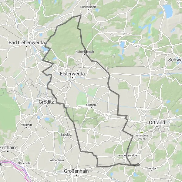 Map miniature of "Schönfeld-Skaup-Würdenhain-Theisa-Hohenleipisch-Weinberg circular route" cycling inspiration in Dresden, Germany. Generated by Tarmacs.app cycling route planner