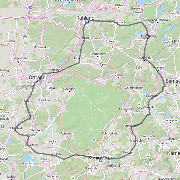 Map miniature of "Schönfeld-Hammelberg-Ortrand-Schwarzbach-Grünewald-Wagenberg-Königsbrück-Tauscha-Weinberg circular route" cycling inspiration in Dresden, Germany. Generated by Tarmacs.app cycling route planner