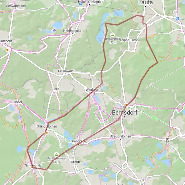 Map miniature of "Explore the Quaint Gravel Pathways of Wiednitz" cycling inspiration in Dresden, Germany. Generated by Tarmacs.app cycling route planner