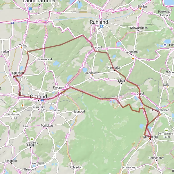 Map miniature of "Idyllic Gravel Ride to Grüngräbchen" cycling inspiration in Dresden, Germany. Generated by Tarmacs.app cycling route planner