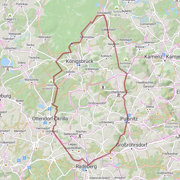 Map miniature of "Gottschdorf to Schwepnitz Gravel Route" cycling inspiration in Dresden, Germany. Generated by Tarmacs.app cycling route planner