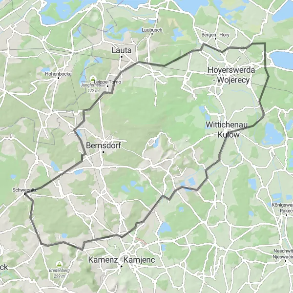 Karten-Miniaturansicht der Radinspiration "Rundfahrrad in der Nähe von Schwepnitz" in Dresden, Germany. Erstellt vom Tarmacs.app-Routenplaner für Radtouren