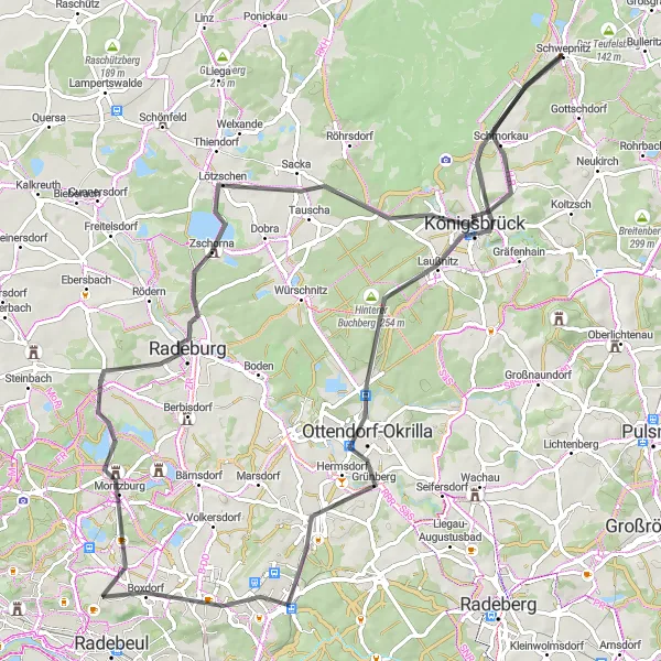Karten-Miniaturansicht der Radinspiration "Roadbike-Herausforderung durch hügelige Landschaften um Schwepnitz" in Dresden, Germany. Erstellt vom Tarmacs.app-Routenplaner für Radtouren