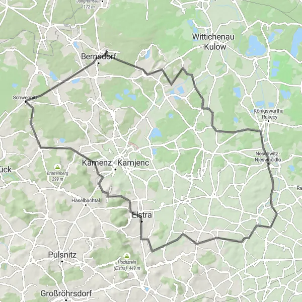 Map miniature of "Challenging Road Adventure: Oßling to Schwepnitz" cycling inspiration in Dresden, Germany. Generated by Tarmacs.app cycling route planner