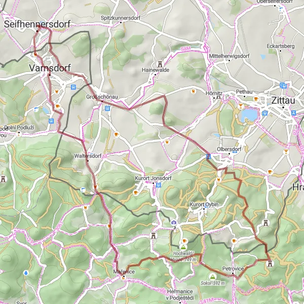 Map miniature of "Scenic Gravel Ride: Seifhennersdorf Exploration" cycling inspiration in Dresden, Germany. Generated by Tarmacs.app cycling route planner