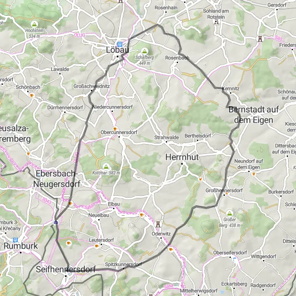 Map miniature of "Bismarckturm Neugersdorf Loop" cycling inspiration in Dresden, Germany. Generated by Tarmacs.app cycling route planner