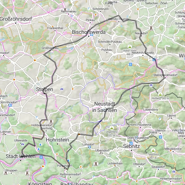 Map miniature of "Stolpen and Beyond" cycling inspiration in Dresden, Germany. Generated by Tarmacs.app cycling route planner