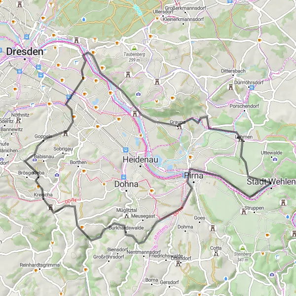 Karten-Miniaturansicht der Radinspiration "Schlösser und Natur entlang der Elbe" in Dresden, Germany. Erstellt vom Tarmacs.app-Routenplaner für Radtouren