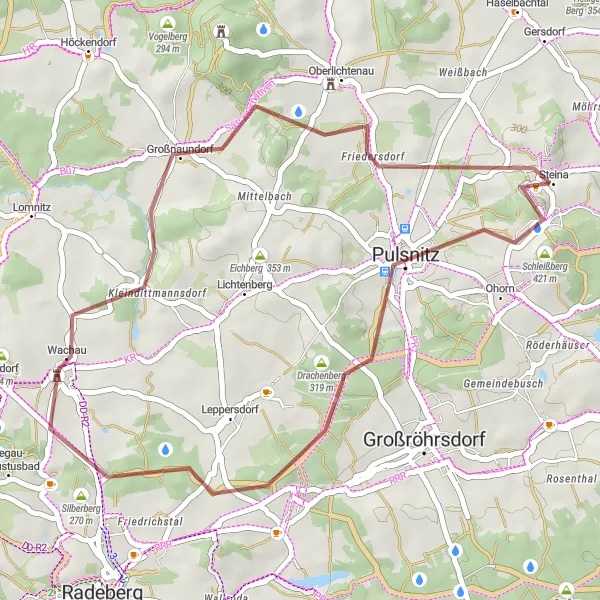 Map miniature of "Gravel Adventure to Pulsnitz and Timmelsberg" cycling inspiration in Dresden, Germany. Generated by Tarmacs.app cycling route planner