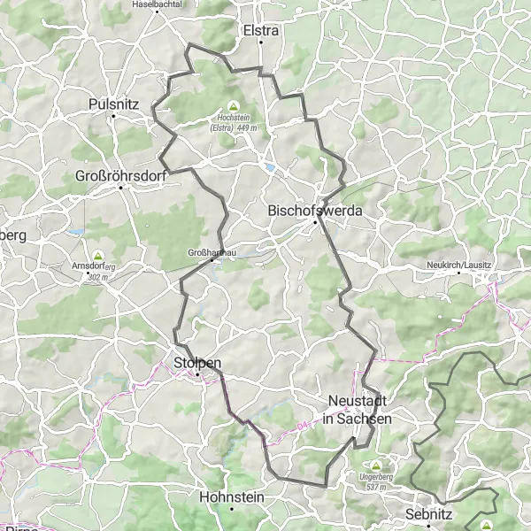 Map miniature of "Road to Sandberg and Großharthau" cycling inspiration in Dresden, Germany. Generated by Tarmacs.app cycling route planner