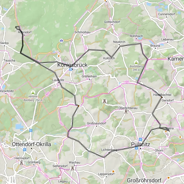 Map miniature of "Steina - Roundtrip to Königsbrück" cycling inspiration in Dresden, Germany. Generated by Tarmacs.app cycling route planner