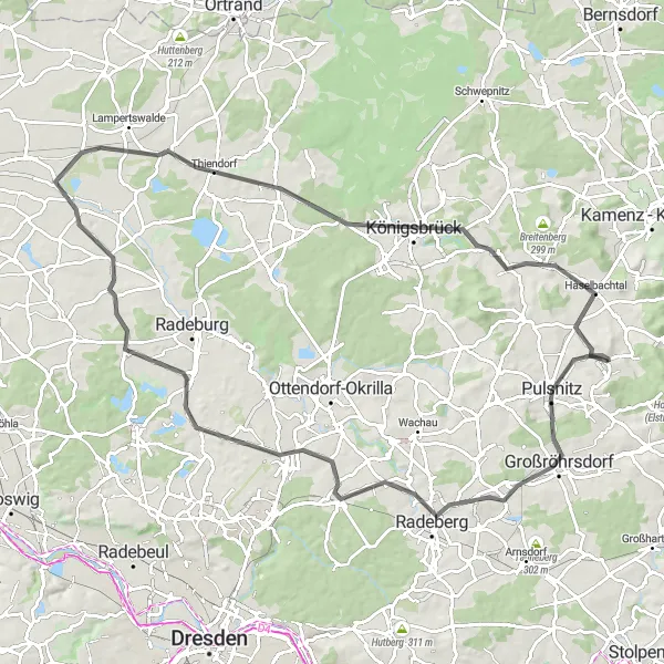 Map miniature of "Road Bike Journey to Owl Tower and Königsbrück" cycling inspiration in Dresden, Germany. Generated by Tarmacs.app cycling route planner
