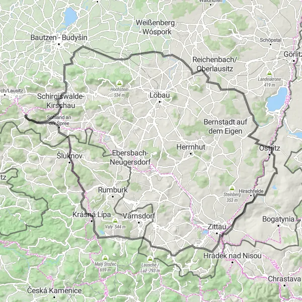 Map miniature of "Steinigtwolmsdorf and Beyond" cycling inspiration in Dresden, Germany. Generated by Tarmacs.app cycling route planner