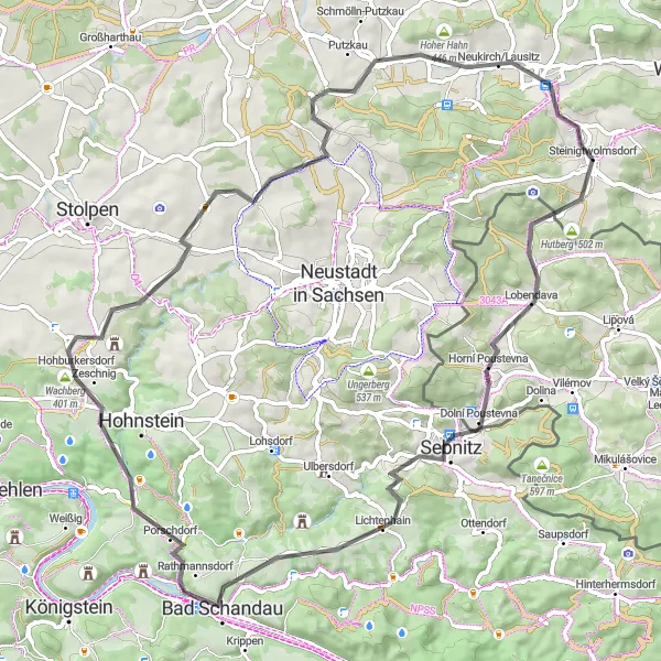 Map miniature of "Steinigtwolmsdorf - Lobendava Loop" cycling inspiration in Dresden, Germany. Generated by Tarmacs.app cycling route planner