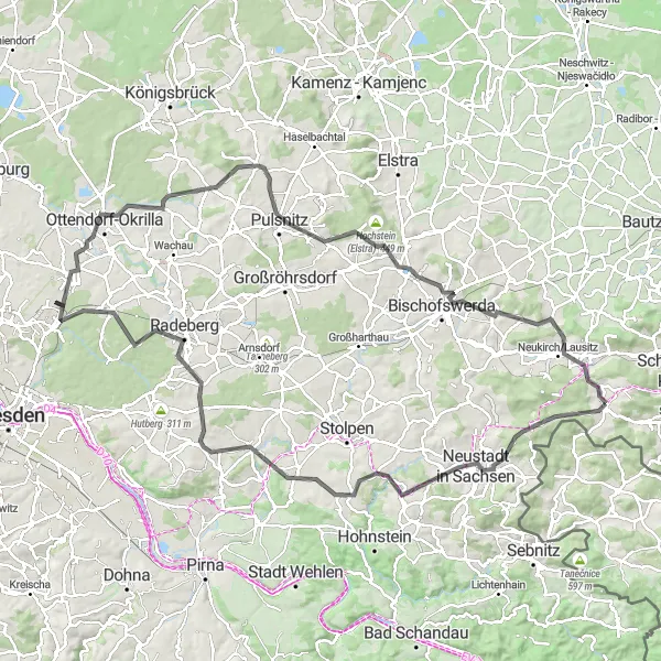 Map miniature of "Steinigtwolmsdorf - Goldberg Circuit" cycling inspiration in Dresden, Germany. Generated by Tarmacs.app cycling route planner