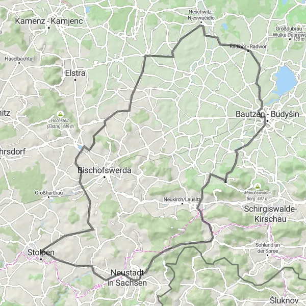 Map miniature of "Stolpen - Burkauer Berg Loop" cycling inspiration in Dresden, Germany. Generated by Tarmacs.app cycling route planner