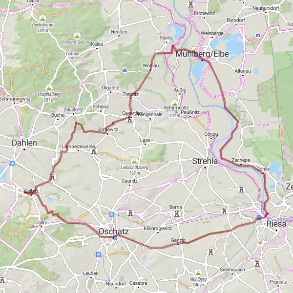 Map miniature of "Strehla Gravel Loop" cycling inspiration in Dresden, Germany. Generated by Tarmacs.app cycling route planner