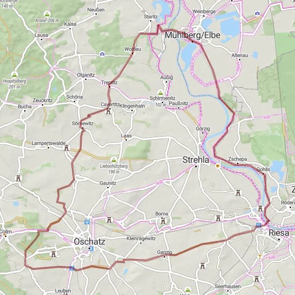 Map miniature of "Strehla to Oppitzsch and back (gravel)" cycling inspiration in Dresden, Germany. Generated by Tarmacs.app cycling route planner