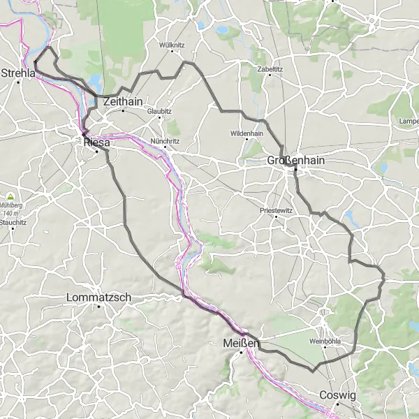 Map miniature of "Scenic Road Cycling Route starting from Strehla" cycling inspiration in Dresden, Germany. Generated by Tarmacs.app cycling route planner