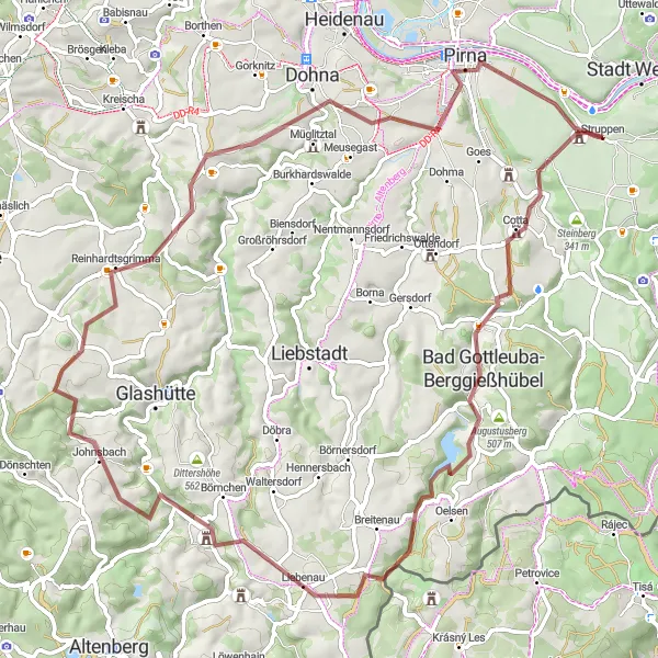 Karten-Miniaturansicht der Radinspiration "Abenteuerliche Fahrt zum Bügeleisen und Kohlberg" in Dresden, Germany. Erstellt vom Tarmacs.app-Routenplaner für Radtouren