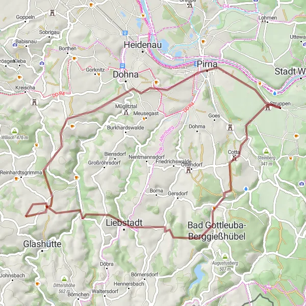 Map miniature of "Scenic Gravel Route to Bügeleisen" cycling inspiration in Dresden, Germany. Generated by Tarmacs.app cycling route planner