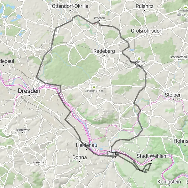 Map miniature of "Road Route to Struppen" cycling inspiration in Dresden, Germany. Generated by Tarmacs.app cycling route planner