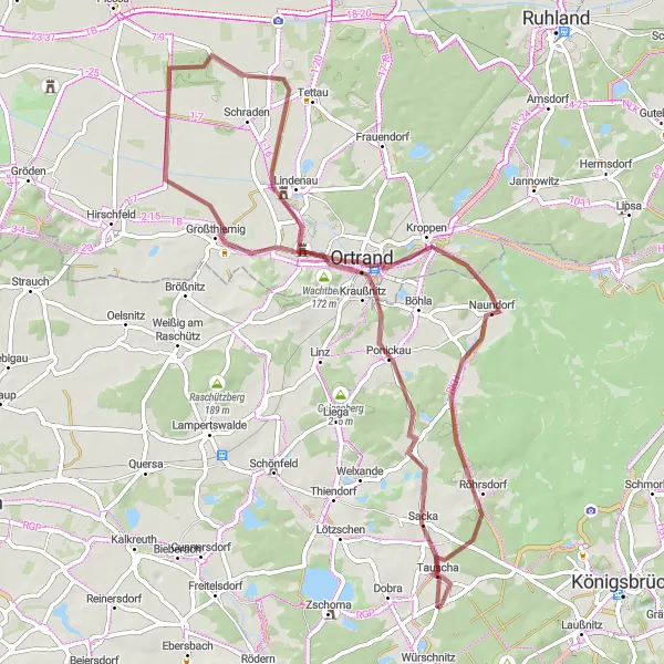 Map miniature of "Tauscha to Sacka Gravel Exploration" cycling inspiration in Dresden, Germany. Generated by Tarmacs.app cycling route planner