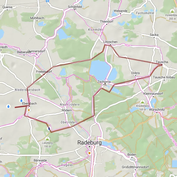 Map miniature of "The Gravel Loop: Dobra to Lötzschen" cycling inspiration in Dresden, Germany. Generated by Tarmacs.app cycling route planner