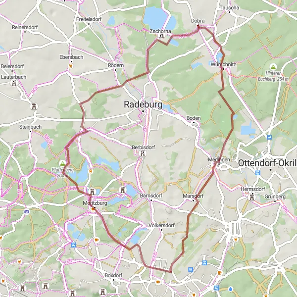 Map miniature of "The Moritzburg Castle Loop" cycling inspiration in Dresden, Germany. Generated by Tarmacs.app cycling route planner