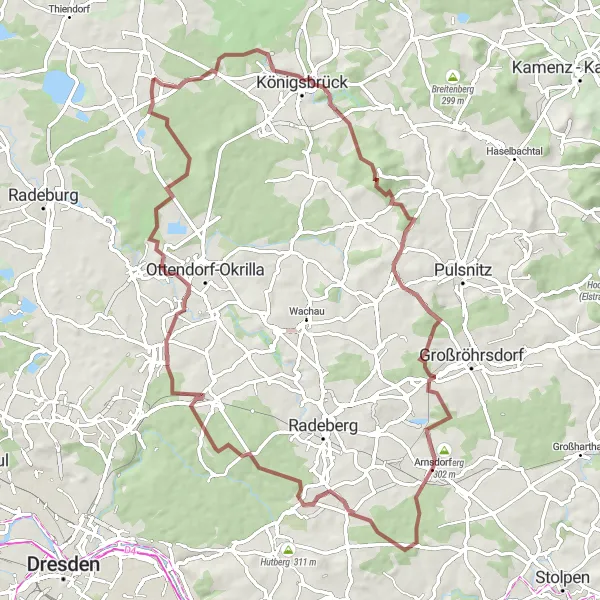 Map miniature of "The Königsbrück Gravel Adventure" cycling inspiration in Dresden, Germany. Generated by Tarmacs.app cycling route planner