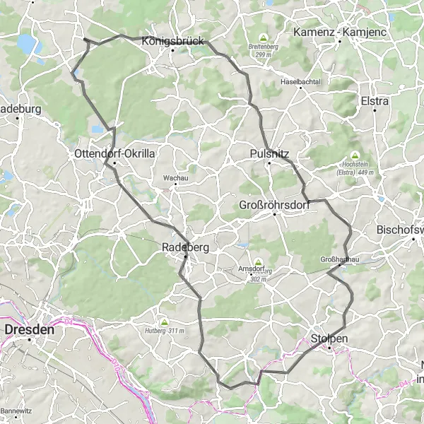 Map miniature of "Königsbrück to Krückeberg Road Circuit" cycling inspiration in Dresden, Germany. Generated by Tarmacs.app cycling route planner