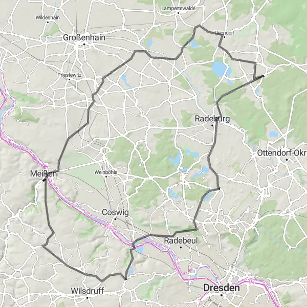 Map miniature of "Treasures of the Elbe Valley" cycling inspiration in Dresden, Germany. Generated by Tarmacs.app cycling route planner